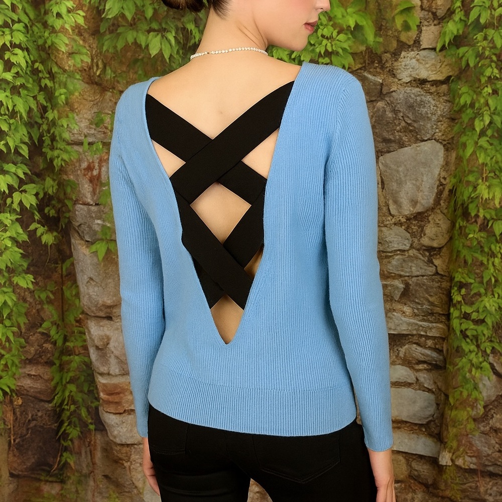 NWT MAJE Paris Sky Blue Minimalist Quiet Luxury Open Laced-Back Sweater, M